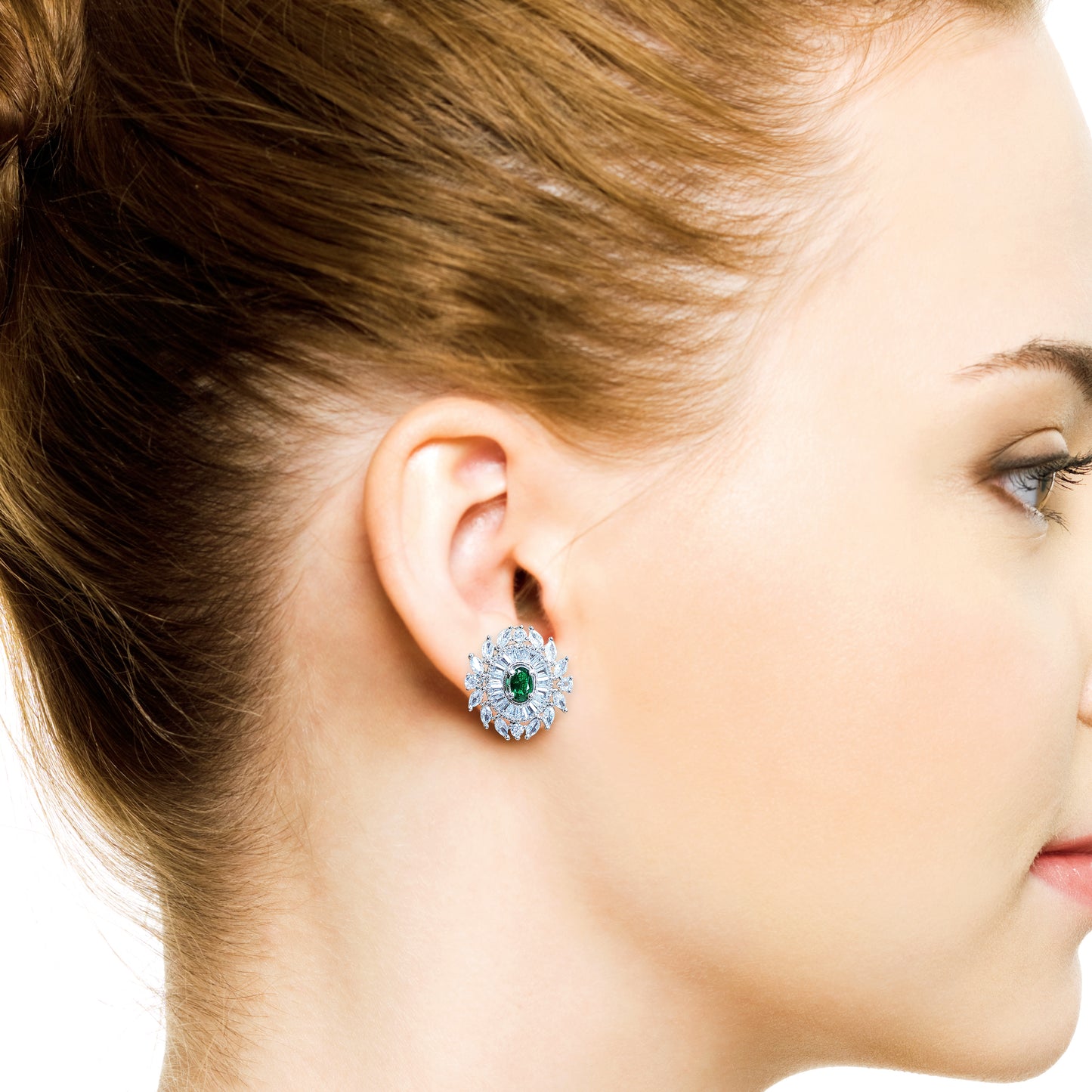 Emerald Green Rhodium Plated American Diamond Dazzling Oval Shaped Stud Earrings