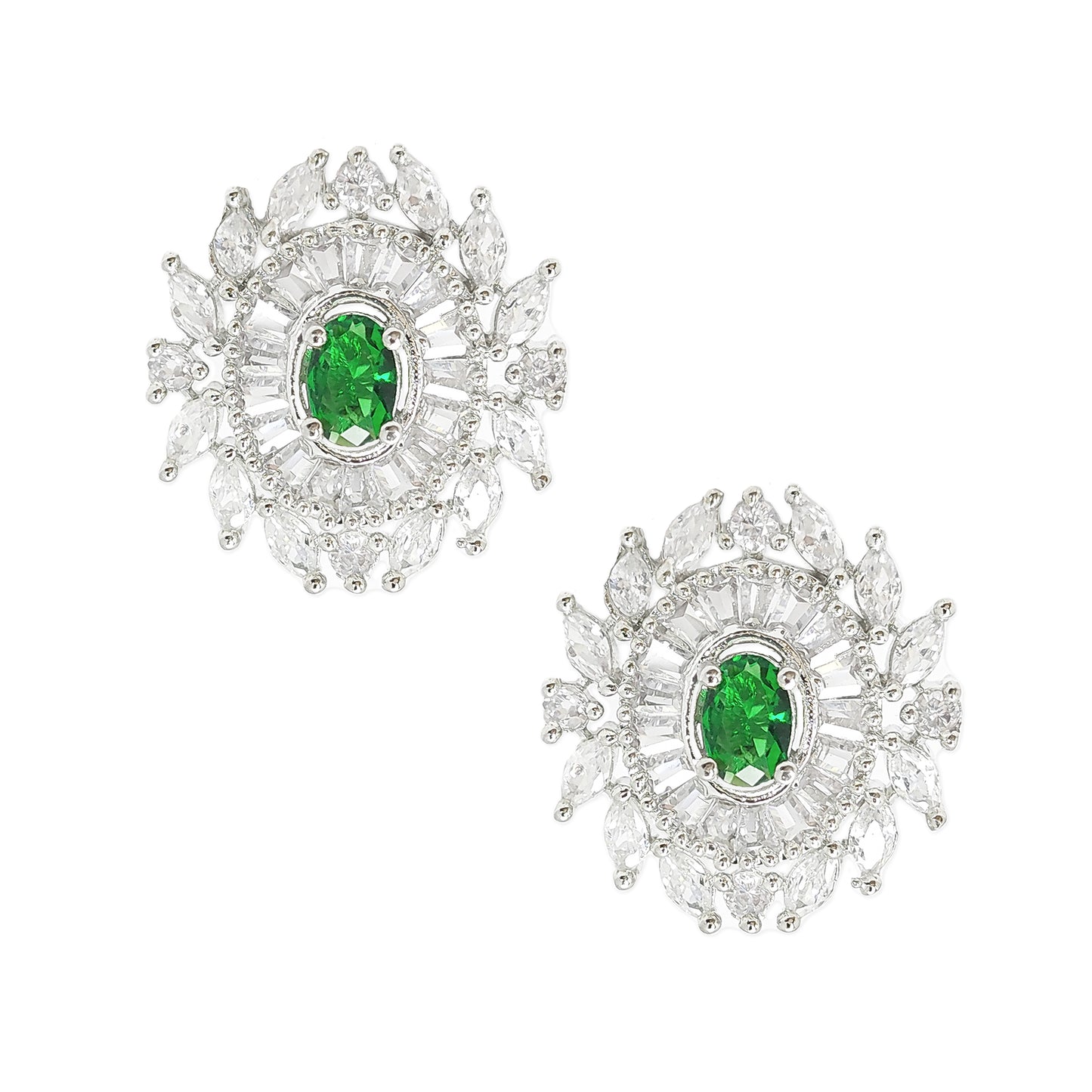 Emerald Green Rhodium Plated American Diamond Dazzling Oval Shaped Stud Earrings