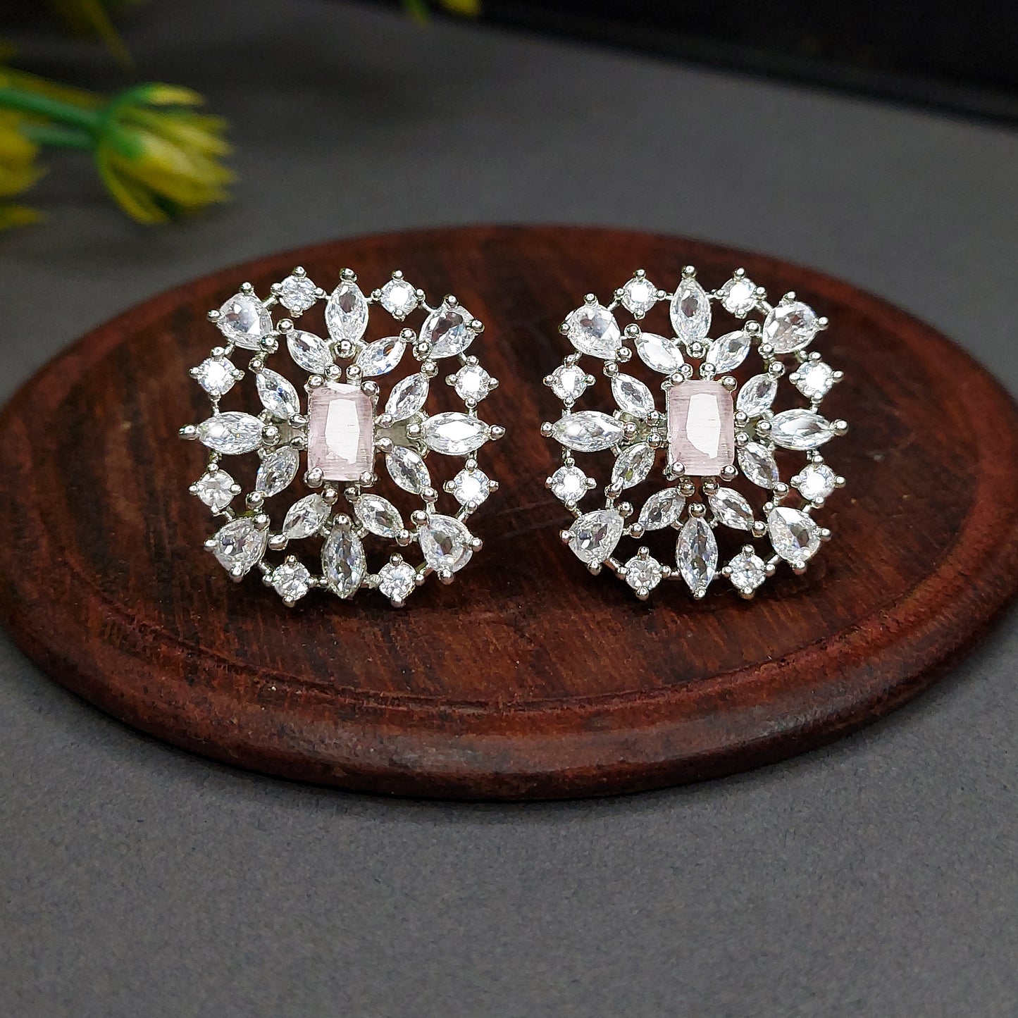 Rhodium Plated American Diamond CZ Rectangle Shaped Stud Earrings