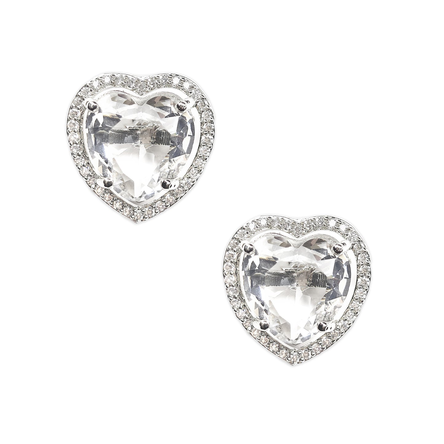 Rhodium Plated American Diamond Dazzling Heart Shaped Stud Earrings