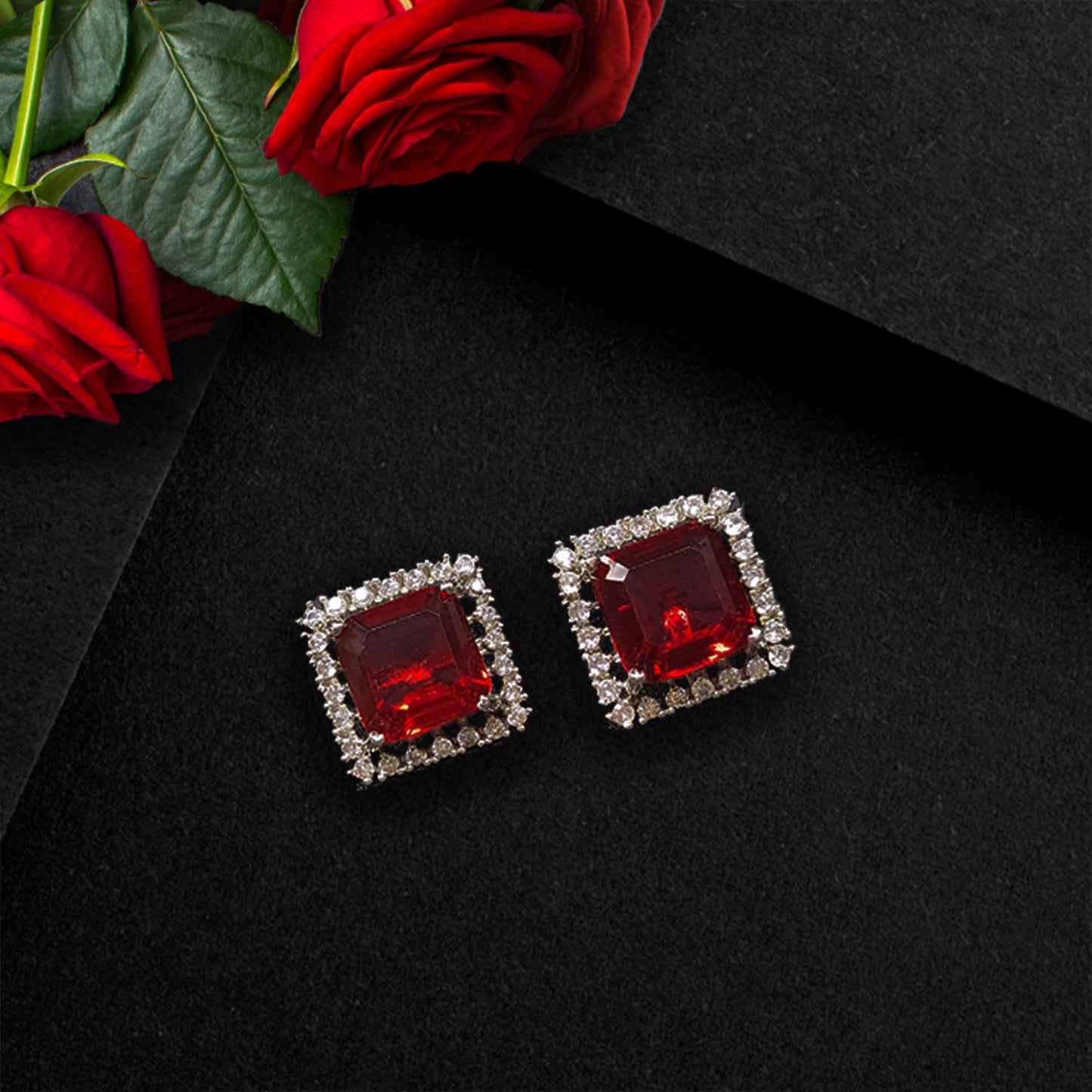 Ruby Red Rhodium Plated American Diamond Square Shaped Stud Earrings