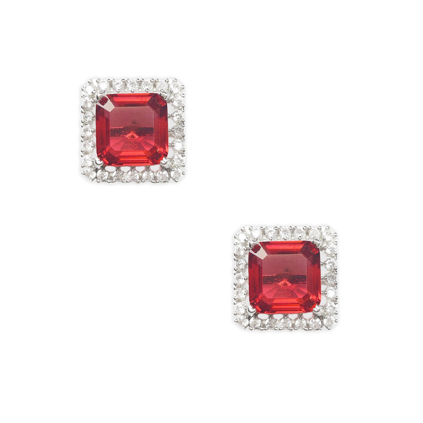 Ruby Red Rhodium Plated American Diamond Square Shaped Stud Earrings