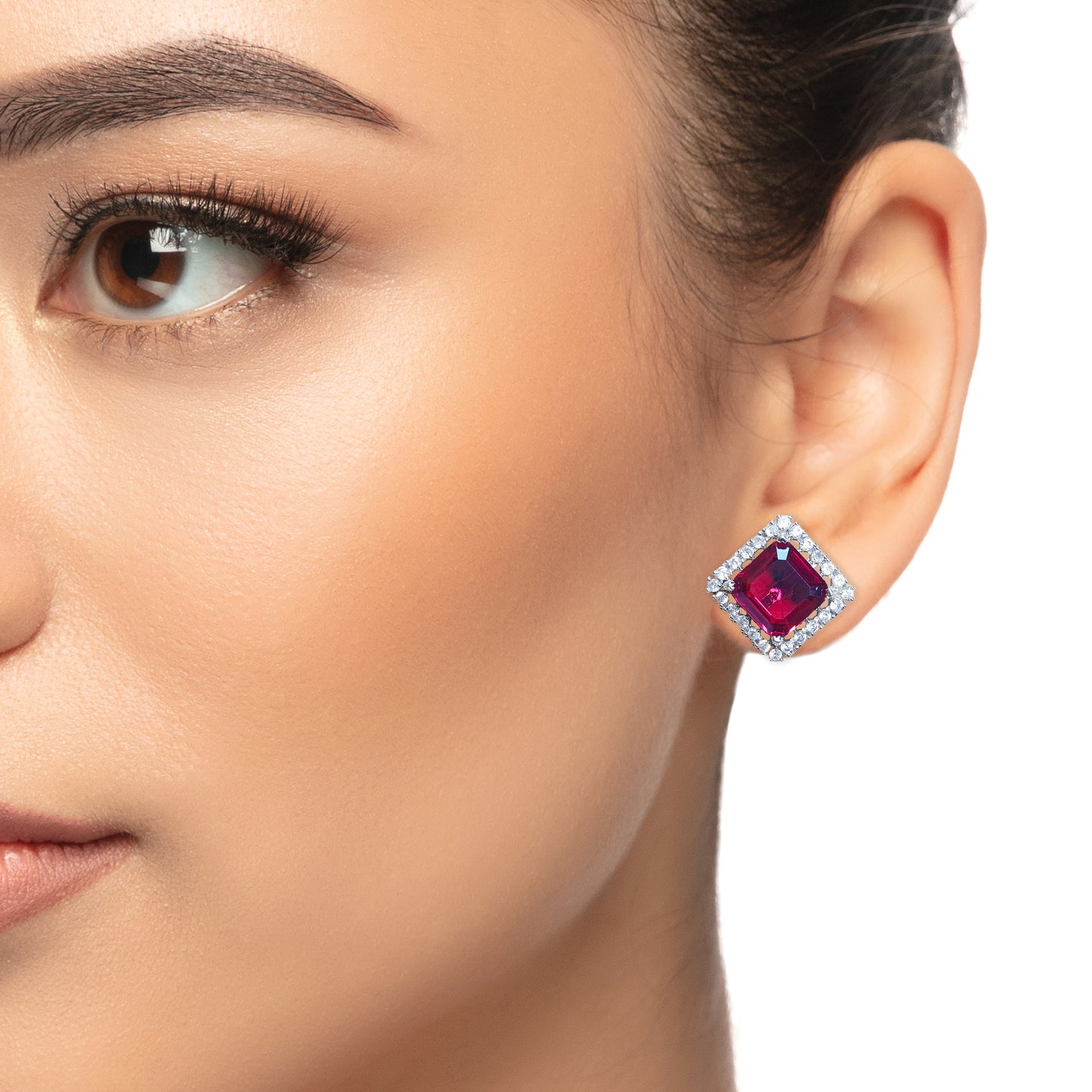 Ruby Red Rhodium Plated American Diamond Square Shaped Stud Earrings