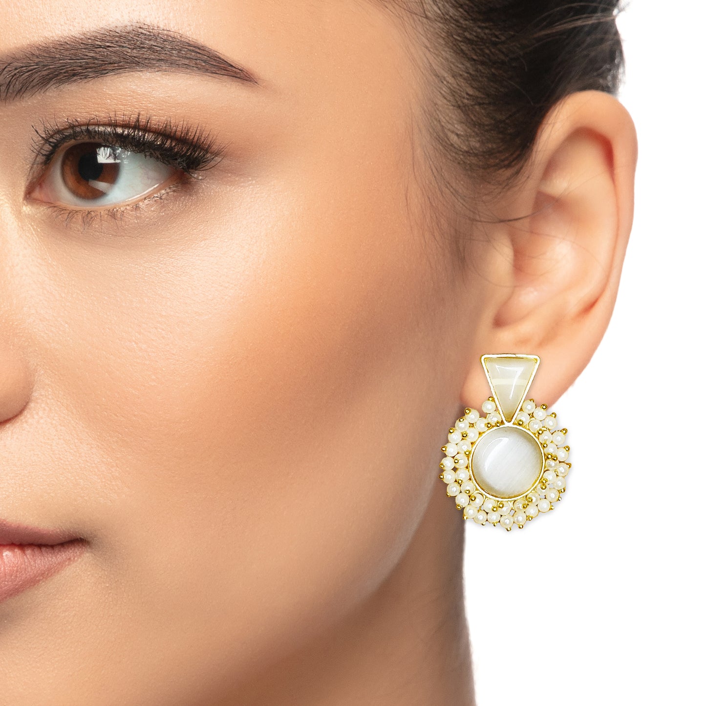 Elegant Gold Plated Monalisa stone with Gajra Moti Work Stud Earrings