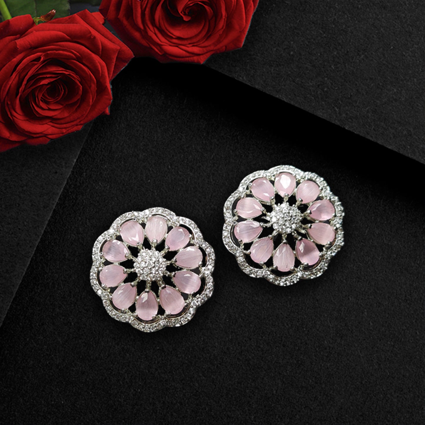 Rhodium Plated American Diamond Studded Magnificent Flower Stud Earrings