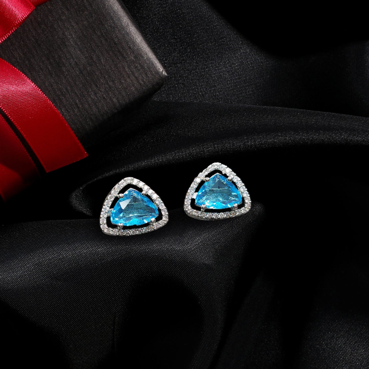 Rhodium Plated American Diamond Designer Triangular Shaped Stud Earrings