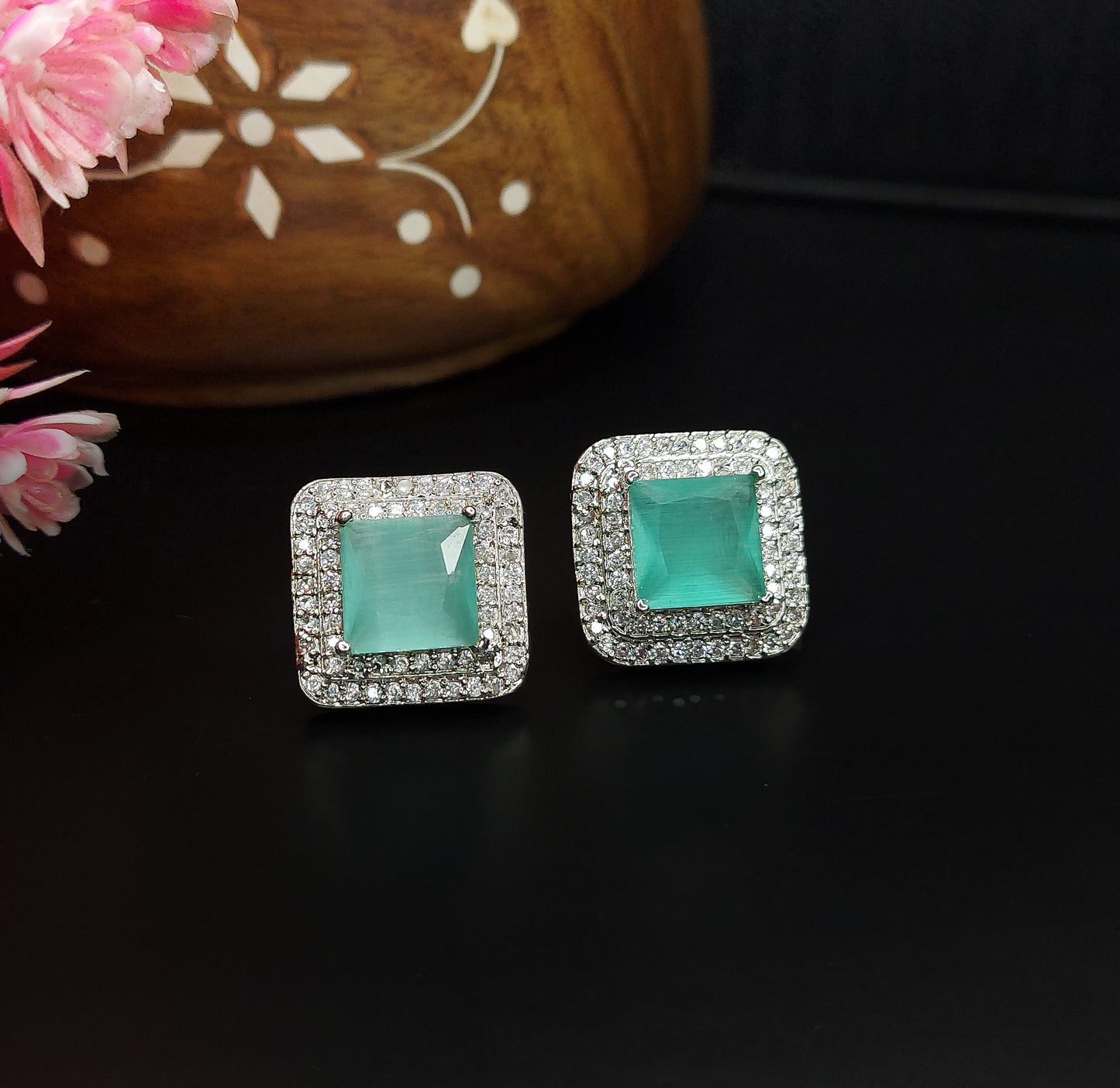 Rhodium Plated Cubic American Diamond CZ Splendid Shimmery Stud Earrings