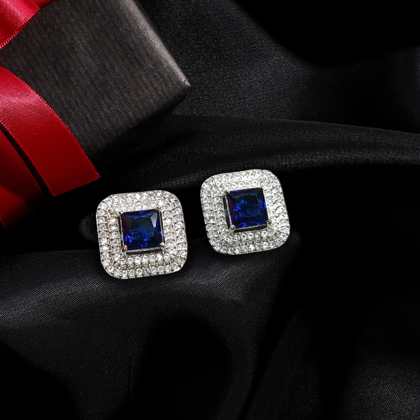 Royal Blue Rhodium Plated American Diamond CZ Stunning Stud Earrings