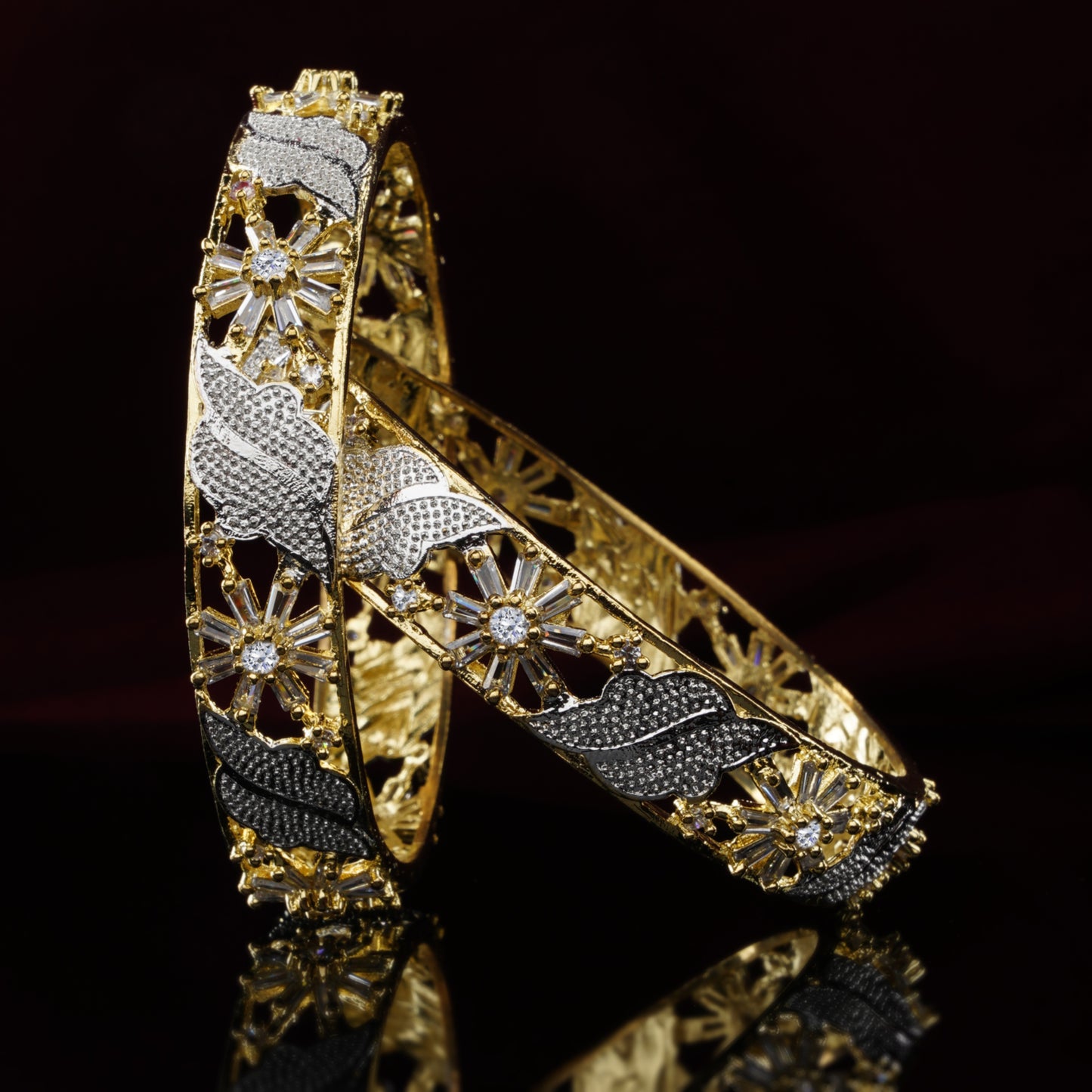 Floral Gold Plated American Diamond Studded Bangles for Women