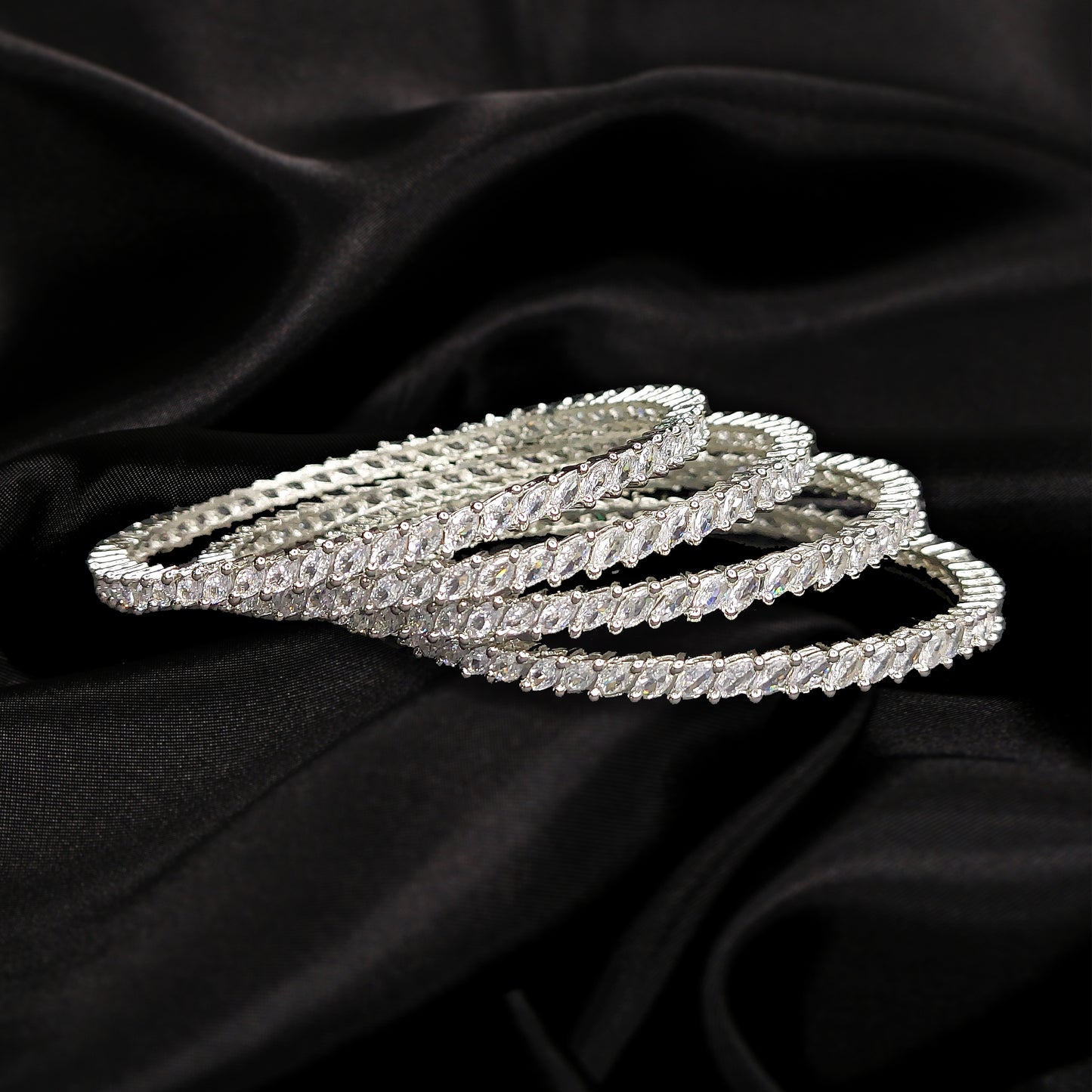 Rhodium Plated CZ Shimmering Bangles with White Stones for Women