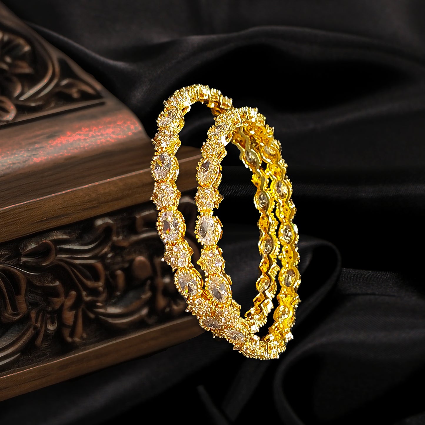 Floral Design American Diamond Studded Gold Plated Bangles for Women