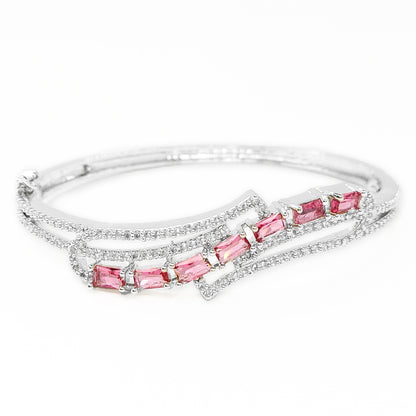 Rhodium Plated Silver Toned Sleek American Diamond Studded Kada Bracelet