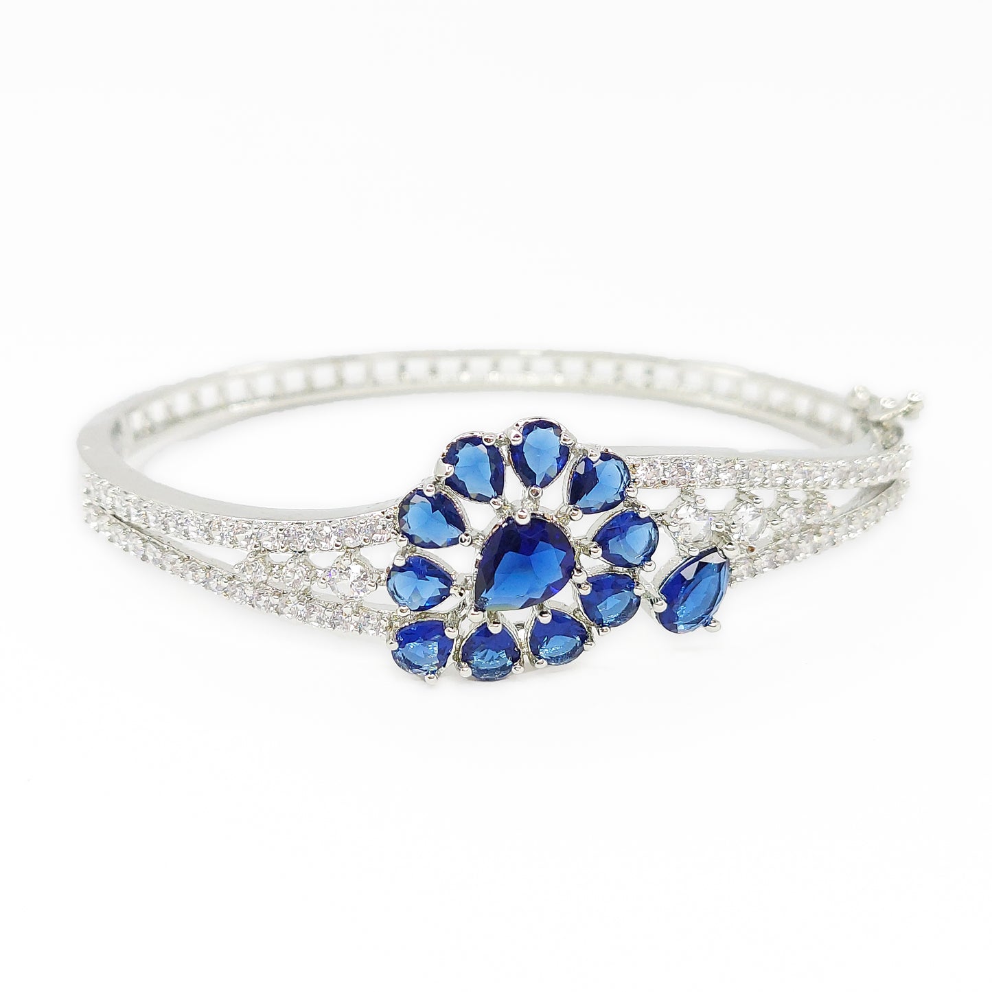 Floral Design Rhodium Plated Silver Toned Elegant American Diamond Studded  Kada Bracelet