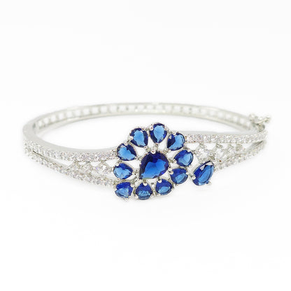 Floral Design Rhodium Plated Silver Toned Elegant American Diamond Studded  Kada Bracelet