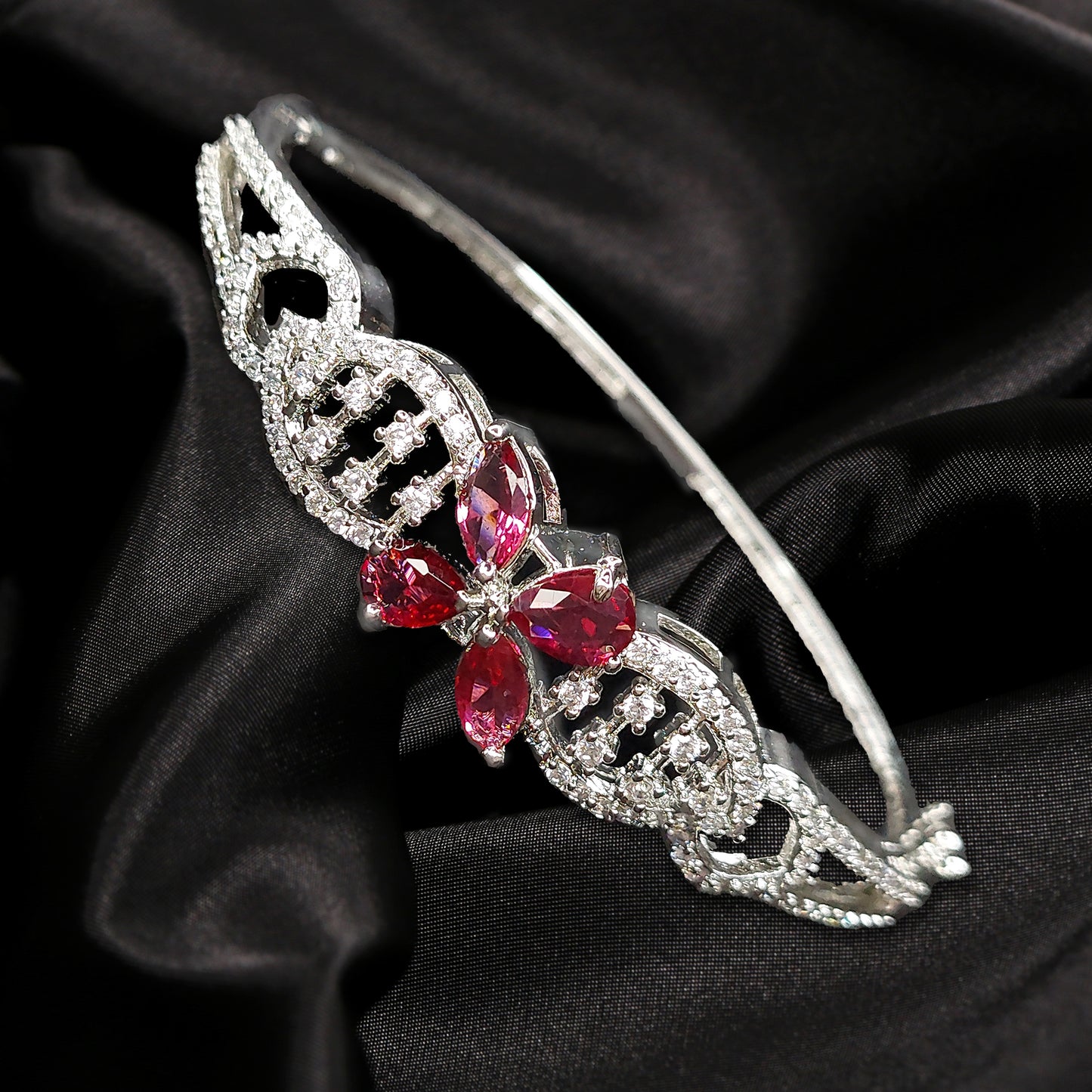 Floral Design Rhodium Plated Silver Toned Elegant American Diamond Studded  Kada Bracelet