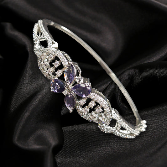 Floral Design Rhodium Plated Silver Toned Elegant American Diamond Studded  Kada Bracelet