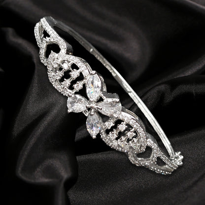 Floral Design Rhodium Plated Silver Toned Elegant American Diamond Studded  Kada Bracelet