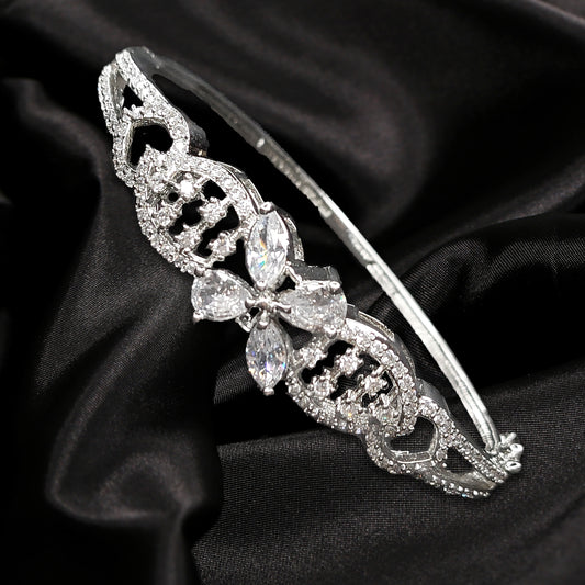 Floral Design Rhodium Plated Silver Toned Elegant American Diamond Studded  Kada Bracelet