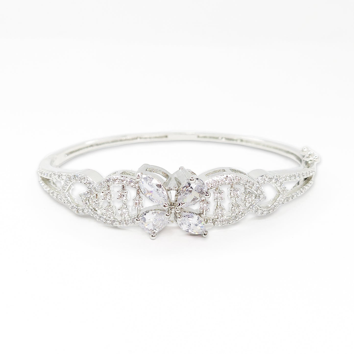 Floral Design Rhodium Plated Silver Toned Elegant American Diamond Studded  Kada Bracelet