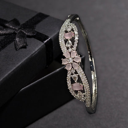 Floral Rhodium Plated Silver Toned Elegant American Diamond Studded Kada Bracelet