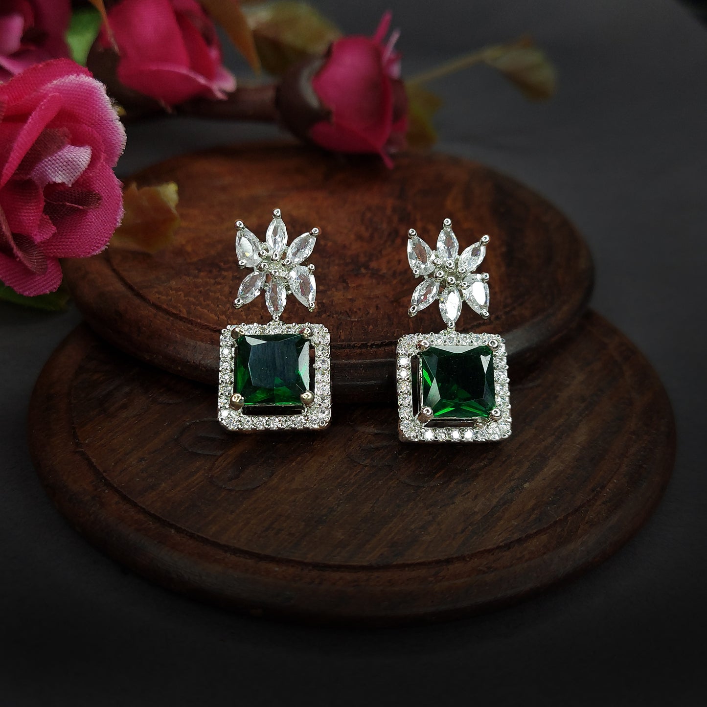 Emerald Green American Diamond Dazzling Pineapple Shaped Drop Earrings