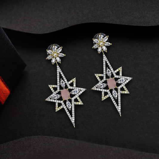 Rhodium Plated American Diamond Dazzling Star Shaped Drop Earrings