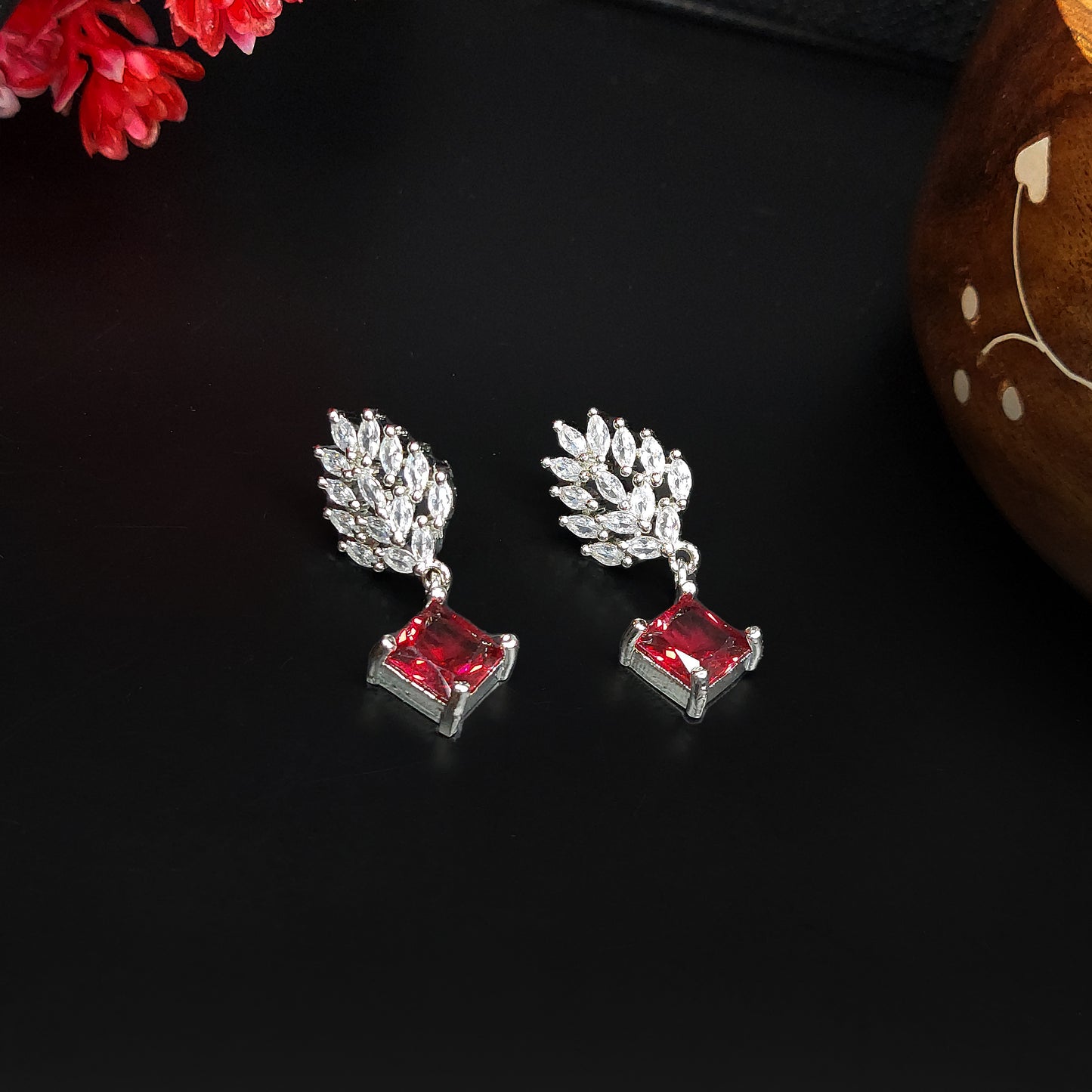 Ruby Red American Diamond Sparkling Shaped Drop Earrings