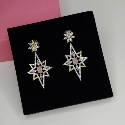 Rhodium Plated American Diamond Dazzling Star Shaped Drop Earrings