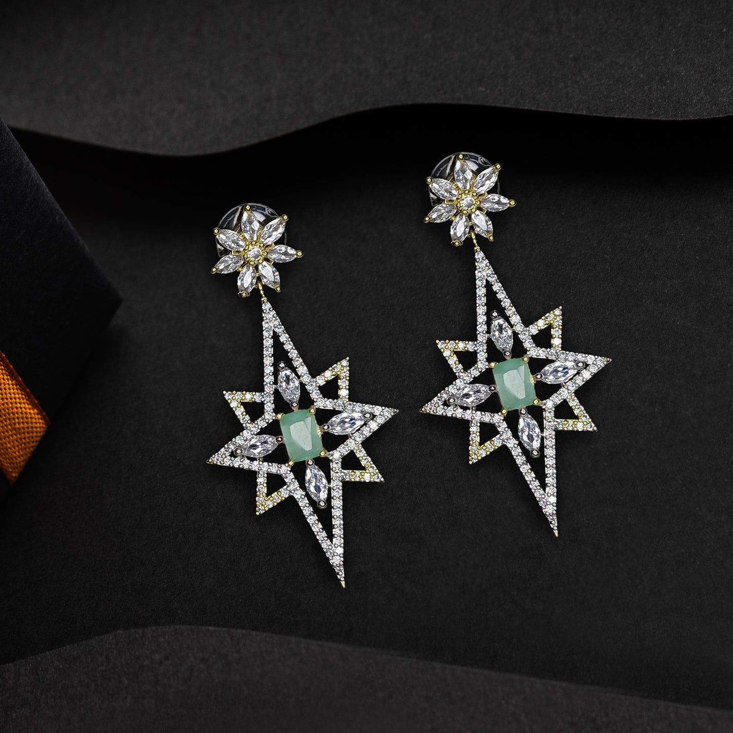 Rhodium Plated American Diamond Dazzling Star Shaped Drop Earrings