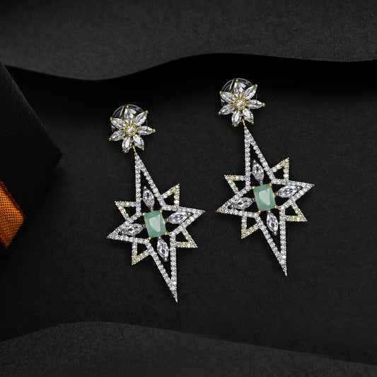 Rhodium Plated American Diamond Dazzling Star Shaped Drop Earrings