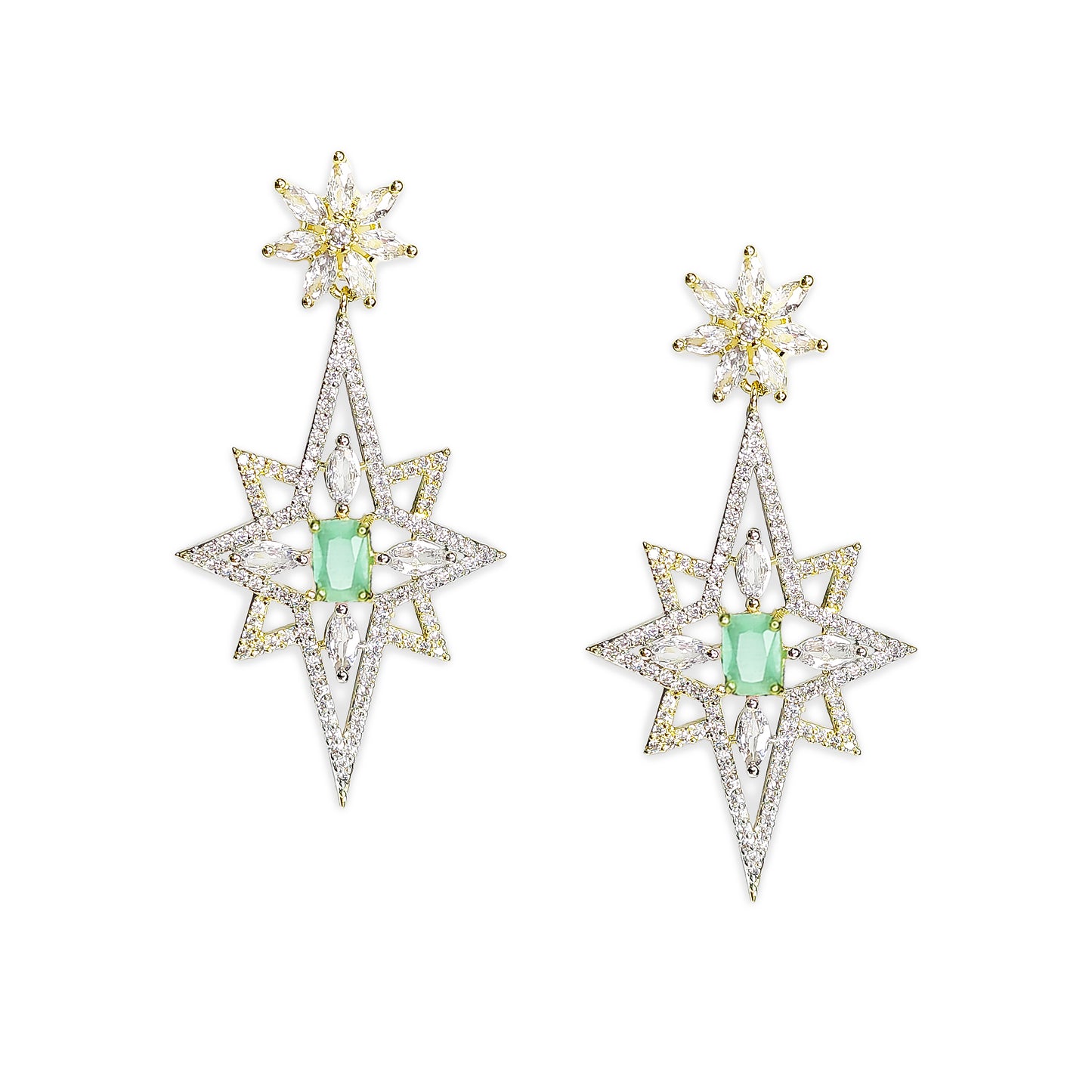 Rhodium Plated American Diamond Dazzling Star Shaped Drop Earrings