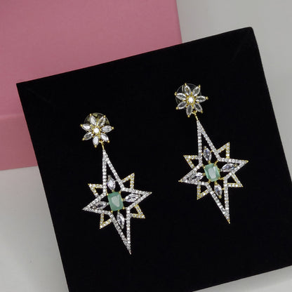 Rhodium Plated American Diamond Dazzling Star Shaped Drop Earrings