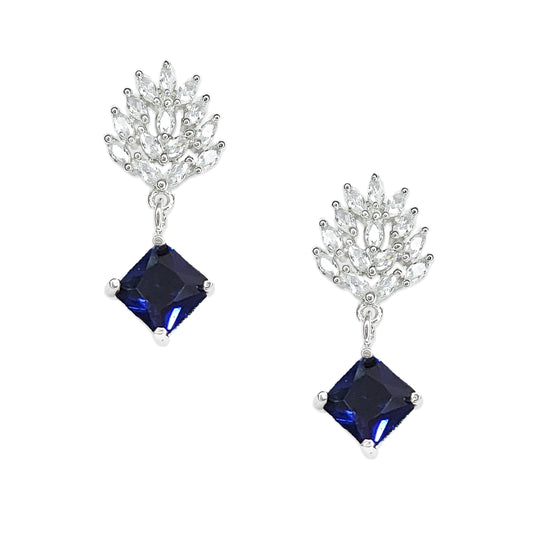 Royal Blue American Diamond Sparkling  Leaf Shaped Drop Earrings