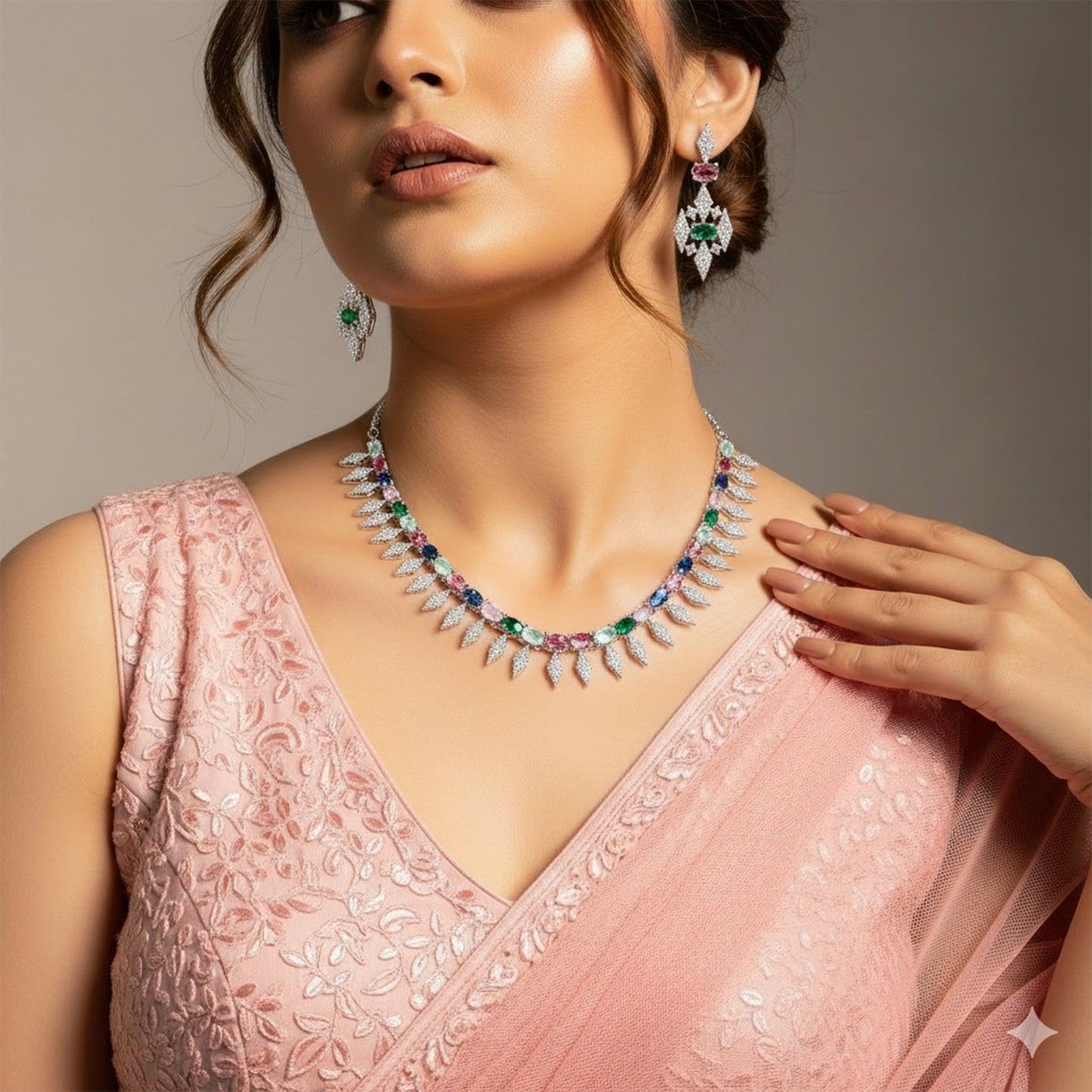 Rhodium Plated Dazzling American Diamond Studded Necklace with Earring Jewellery Set