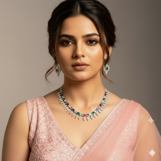 Rhodium Plated Dazzling American Diamond Studded Necklace with Earring Jewellery Set