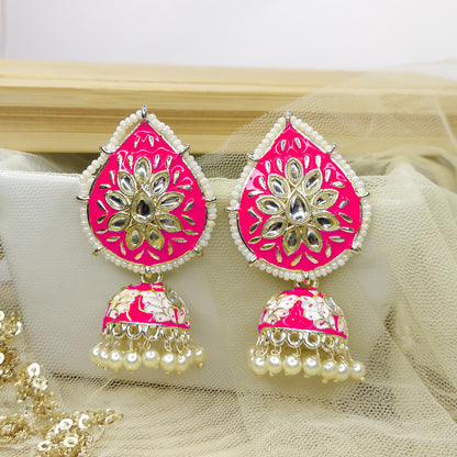 Dangler Kundan Meenakari Work Leaf Shaped Jhumka Earrings with Pearl Hangings