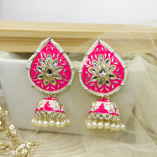 Dangler Kundan Meenakari Work Leaf Shaped Jhumka Earrings with Pearl Hangings