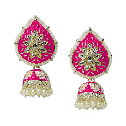 Dangler Kundan Meenakari Work Leaf Shaped Jhumka Earrings with Pearl Hangings