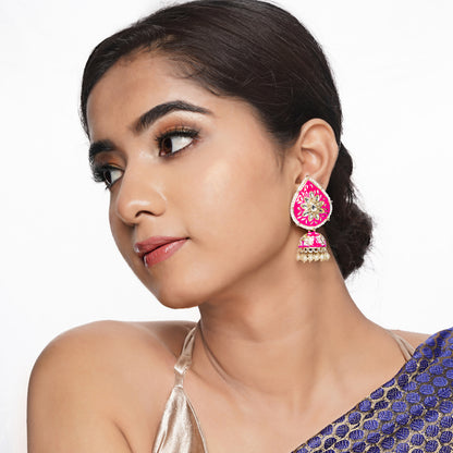 Dangler Kundan Meenakari Work Leaf Shaped Jhumka Earrings with Pearl Hangings