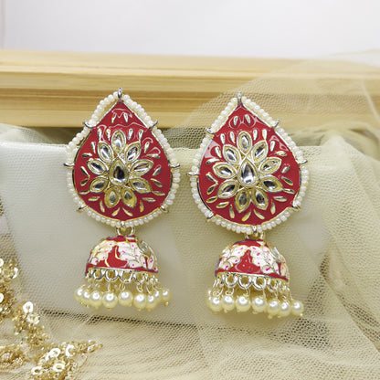 Dangler Kundan Meenakari Work Leaf Shaped Jhumka Earrings with Pearl Hangings