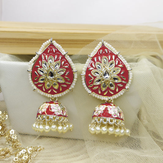 Dangler Kundan Meenakari Work Leaf Shaped Jhumka Earrings with Pearl Hangings