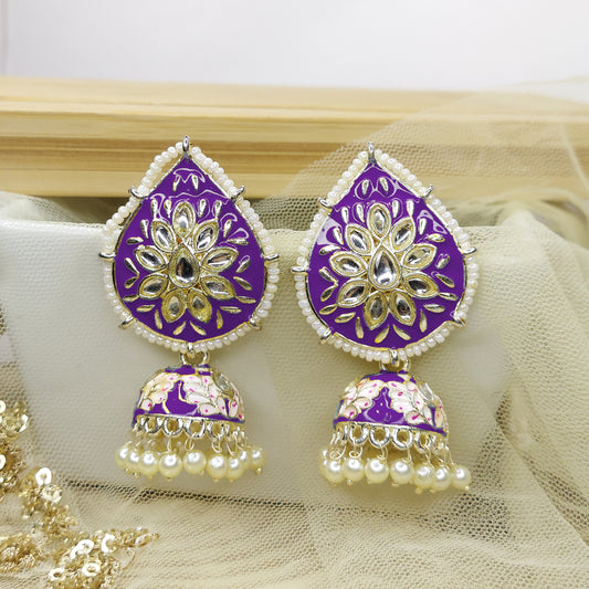 Dangler Kundan Meenakari Work Leaf Shaped Jhumka Earrings with Pearl Hangings