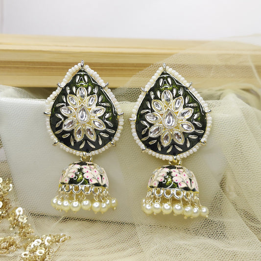 Dangler Kundan Meenakari Work Leaf Shaped Jhumka Earrings with Pearl Hangings