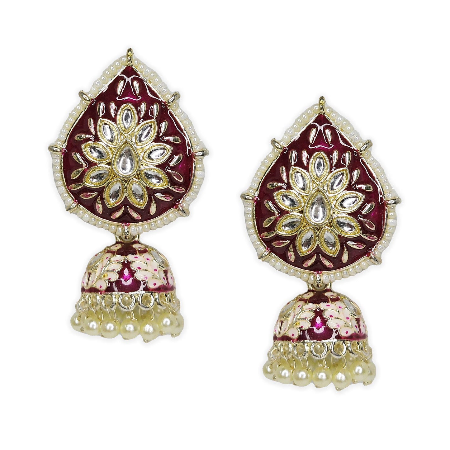 Dangler Kundan Meenakari Work Leaf Shaped Jhumka Earrings with Pearl Hangings