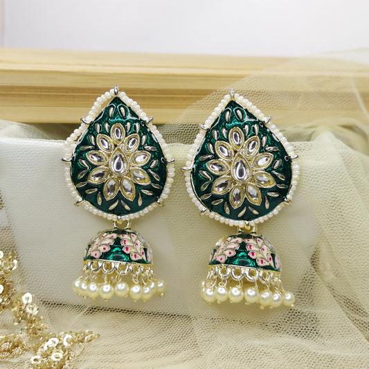 Dangler Kundan Meenakari Work Leaf Shaped Jhumka Earrings with Pearl Hangings