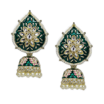 Dangler Kundan Meenakari Work Leaf Shaped Jhumka Earrings with Pearl Hangings