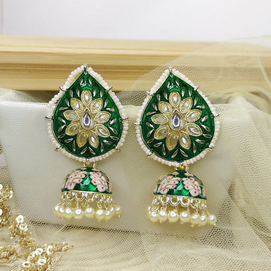 Dangler Kundan Meenakari Work Leaf Shaped Jhumka Earrings with Pearl Hangings