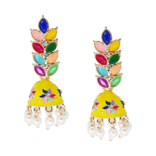 Rose Gold Plated Meenakari Multicolour Leaves Jhumka Earrings with Pearl Hangings