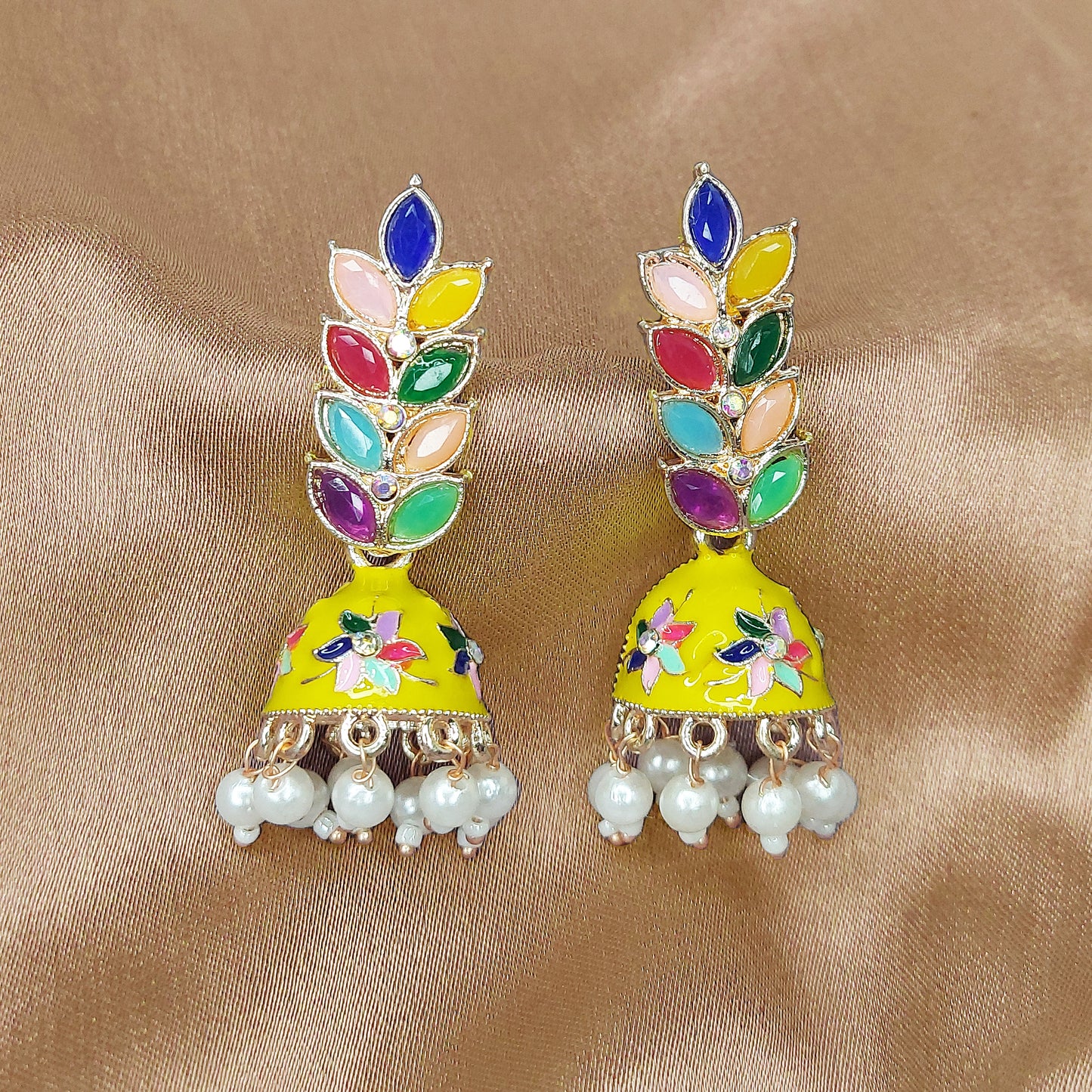 Rose Gold Plated Meenakari Multicolour Leaves Jhumka Earrings with Pearl Hangings