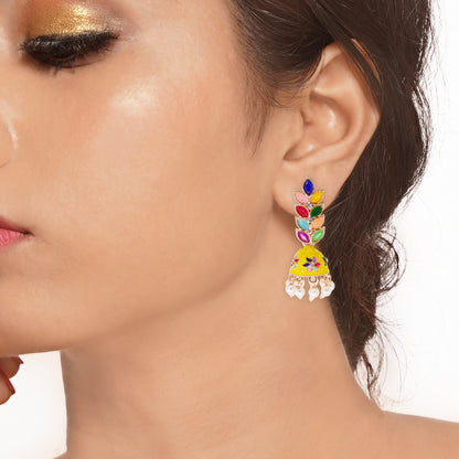 Rose Gold Plated Meenakari Multicolour Leaves Jhumka Earrings with Pearl Hangings